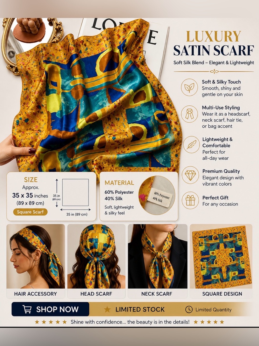 Luxury Satin Scarf Colorful Abstract Print Square Head Scarf Elegant Hair